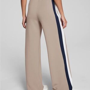 SPANX Tan Track Pants with Navy and White Stripes